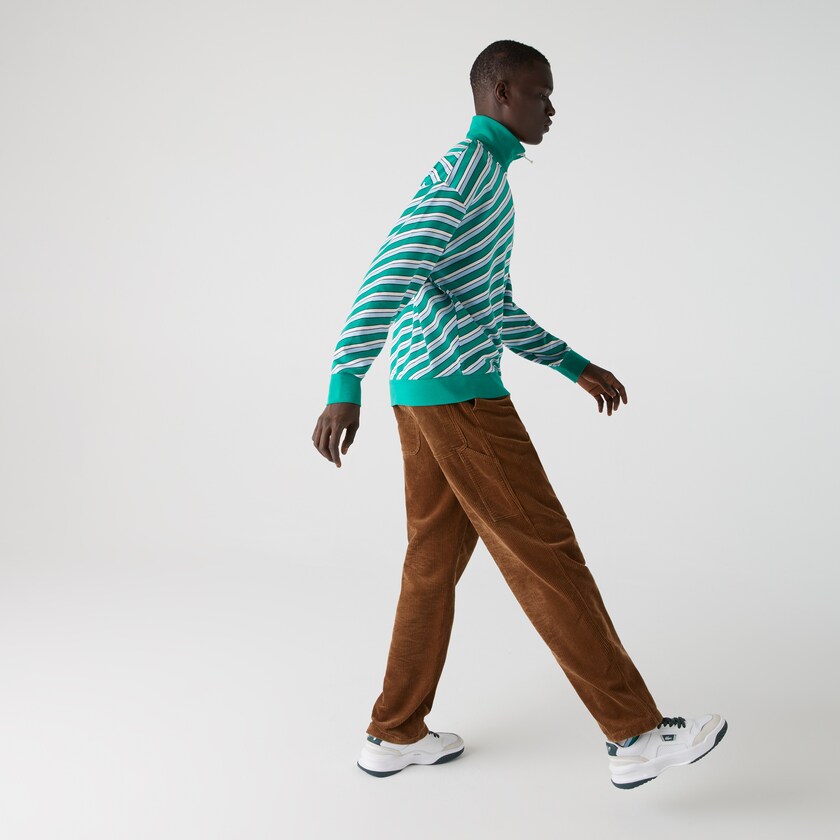 Men's Lacoste Green / White Sweatshirts LIVE Striped Stand-Up Collar Cotton GN8-60356A2