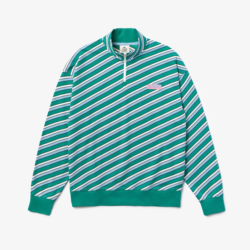 Men's Lacoste Green / White Sweatshirts LIVE Striped Stand-Up Collar Cotton GN8-60356A2