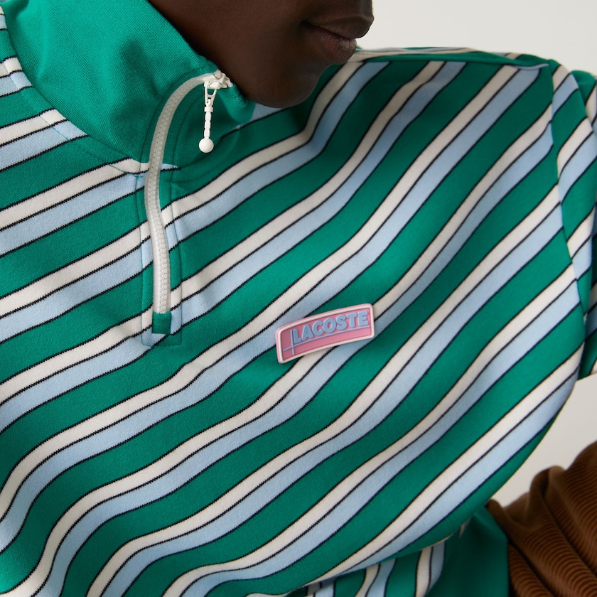 Men's Lacoste Green / White Sweatshirts LIVE Striped Stand-Up Collar Cotton GN8-60356A2