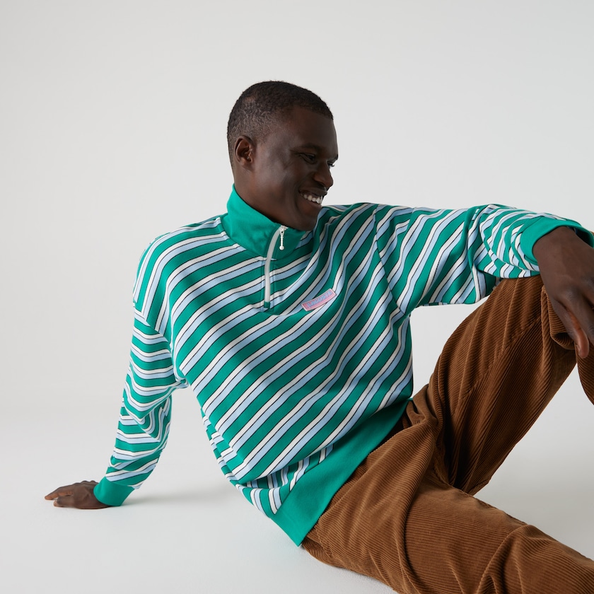 Men's Lacoste Green / White Sweatshirts LIVE Striped Stand-Up Collar Cotton GN8-60356A2