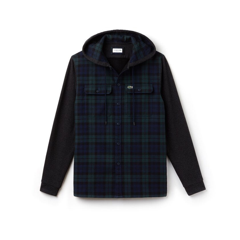 Men's Lacoste Green / White Shirts Regular Fit Hooded Check Cotton Flannel ST8-26152J0