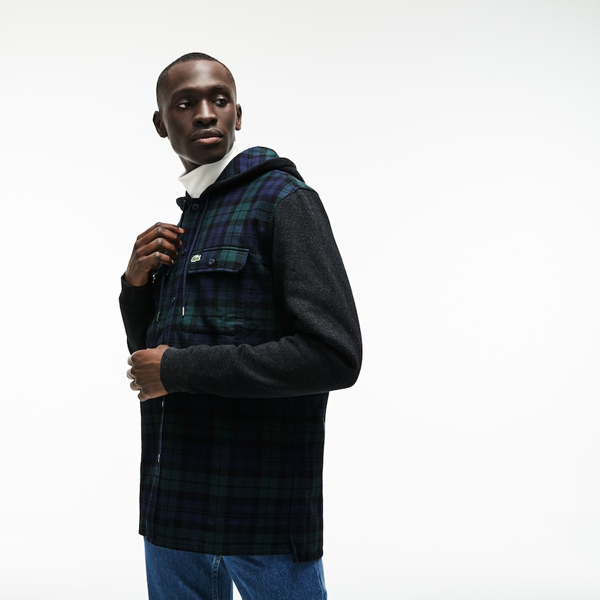 Men's Lacoste Green / White Shirts Regular Fit Hooded Check Cotton Flannel ST8-26152J0