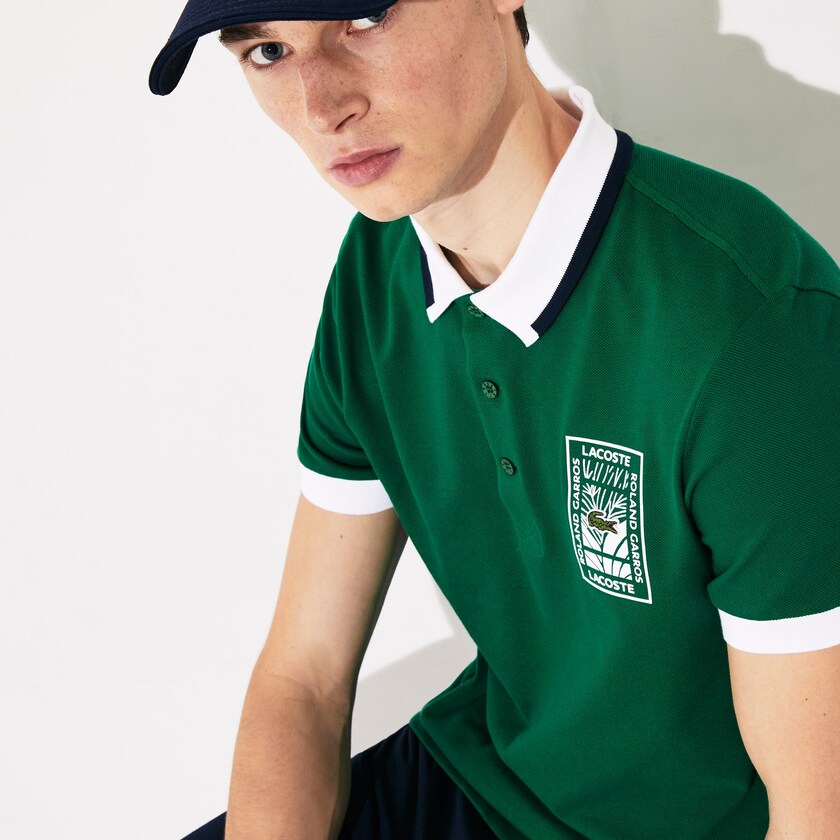 Men's Lacoste Green / White / Navy Blue Shirts SPORT Roland Garros Plant-Print Cotton Polo PT0-09620I5