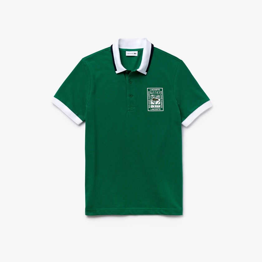 Men's Lacoste Green / White / Navy Blue Shirts SPORT Roland Garros Plant-Print Cotton Polo PT0-09620I5