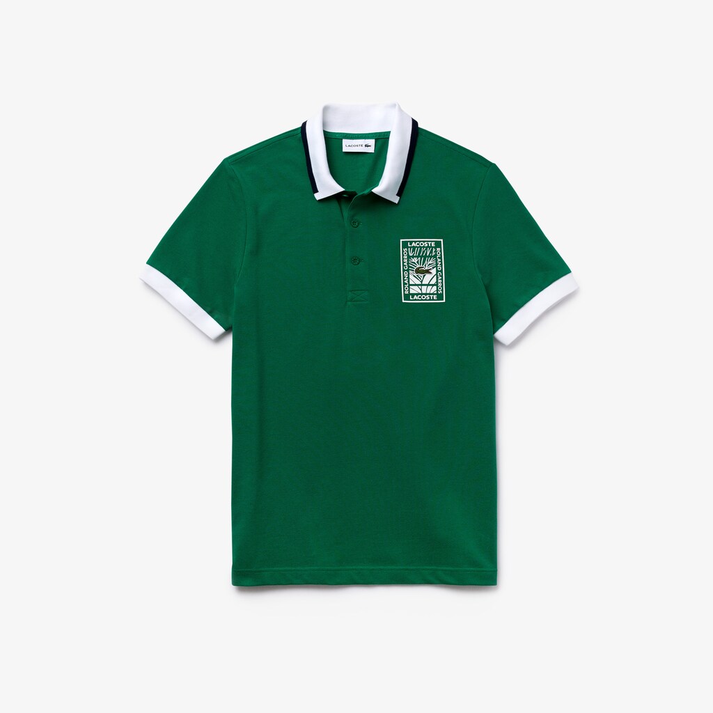 Men's Lacoste Green / White / Navy Blue Polo Shirts SPORT Roland Garros Plant-Print Cotton SG9-76417V4