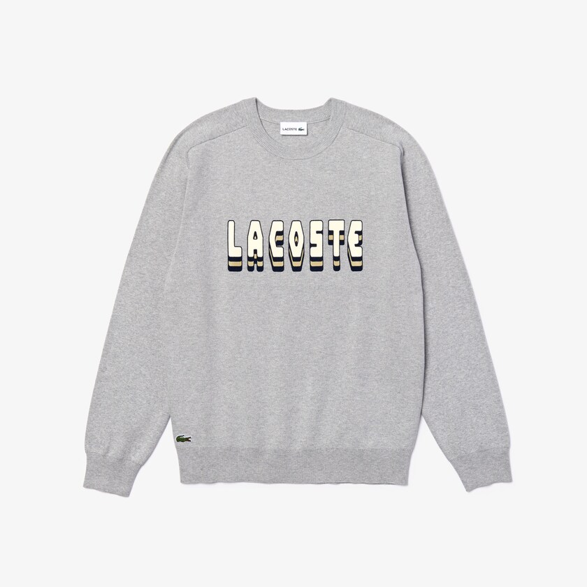 Men's Lacoste Grey Sweaters 3D-Lettering Crewneck Cotton Blend BK3-48394J5