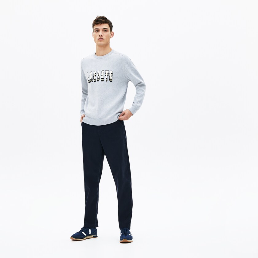 Men's Lacoste Grey Sweaters 3D-Lettering Crewneck Cotton Blend BK3-48394J5