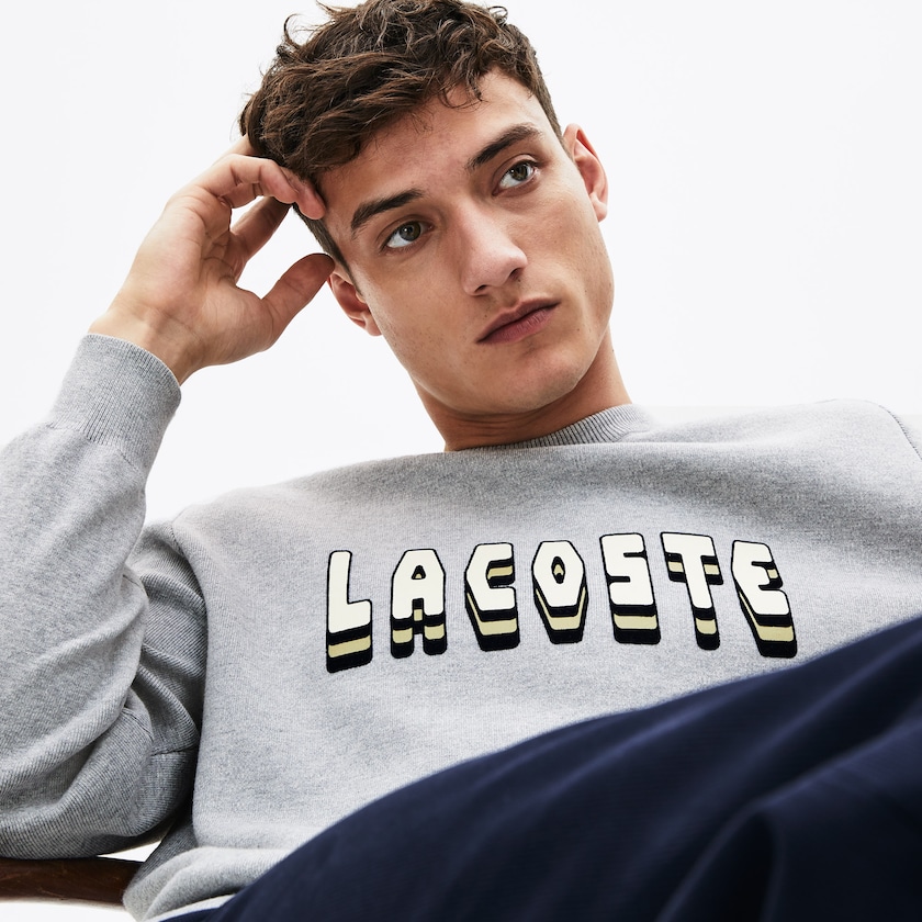 Men's Lacoste Grey Sweaters 3D-Lettering Crewneck Cotton Blend BK3-48394J5
