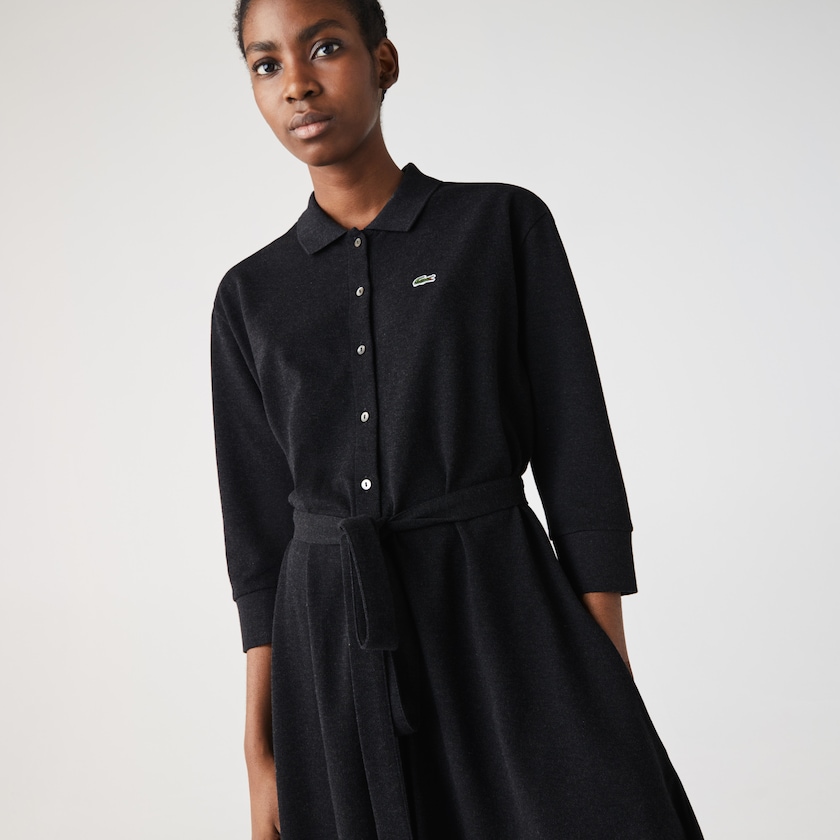 Women's Lacoste Grey Polo Dress Buttoned Belted Cotton Piqué FO5-44314D0