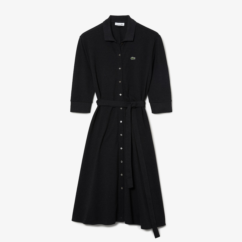 Women's Lacoste Grey Polo Dress Buttoned Belted Cotton Piqué FO5-44314D0