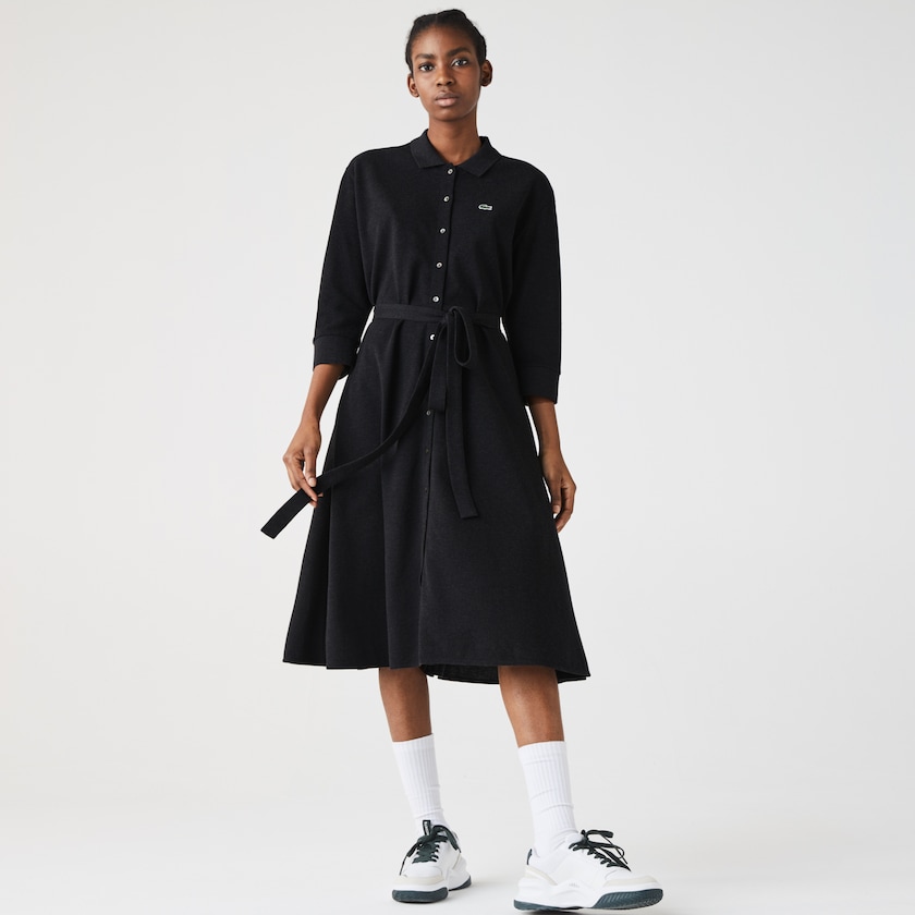 Women's Lacoste Grey Polo Dress Buttoned Belted Cotton Piqué FO5-44314D0