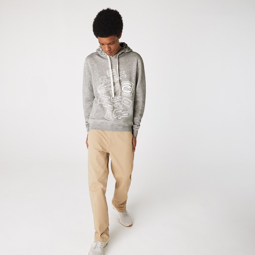 Men's Lacoste Grey Sweatshirts Hooded Badge Print Fleece KU5-33323Q4