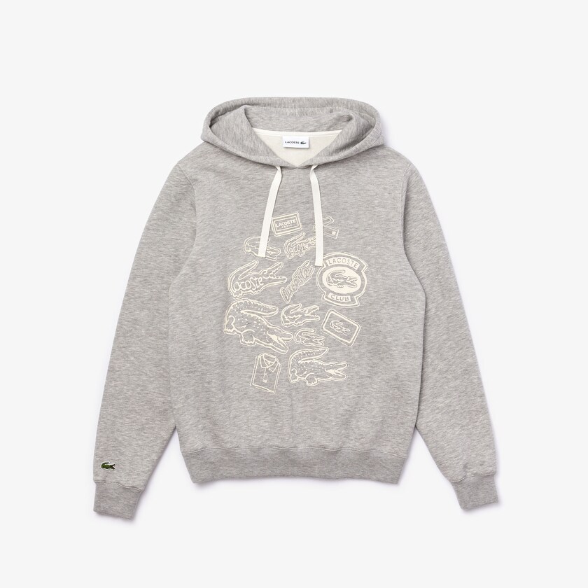 Men's Lacoste Grey Sweatshirts Hooded Badge Print Fleece KU5-33323Q4