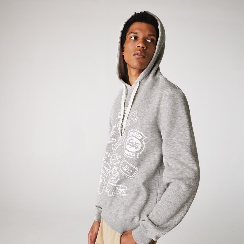 Men's Lacoste Grey Sweatshirts Hooded Badge Print Fleece KU5-33323Q4