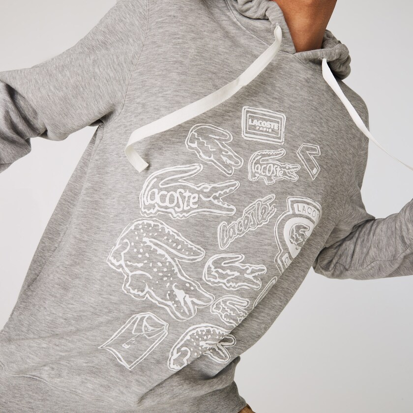 Men's Lacoste Grey Sweatshirts Hooded Badge Print Fleece KU5-33323Q4