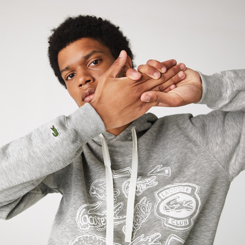 Men's Lacoste Grey Sweatshirts Hooded Badge Print Fleece KU5-33323Q4