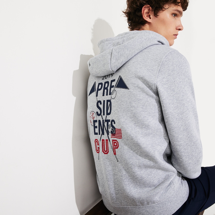 Men's Lacoste Grey Sweatshirts Presidents Cup Hooded Back-Printed Fleece Zip Golf XR1-71907P1