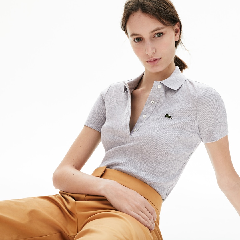Women's Lacoste Grey Polo Shirts Ribbed Cotton RN3-93709L9