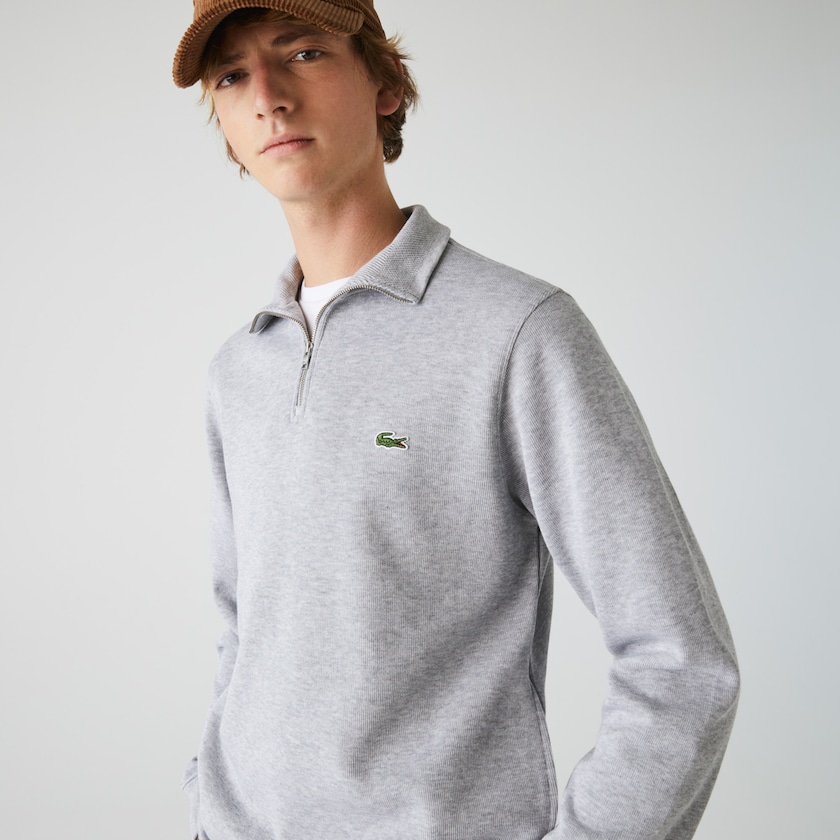 Men's Lacoste Grey Sweatshirts Zippered Stand-Up Collar Cotton GJ3-34143Q1
