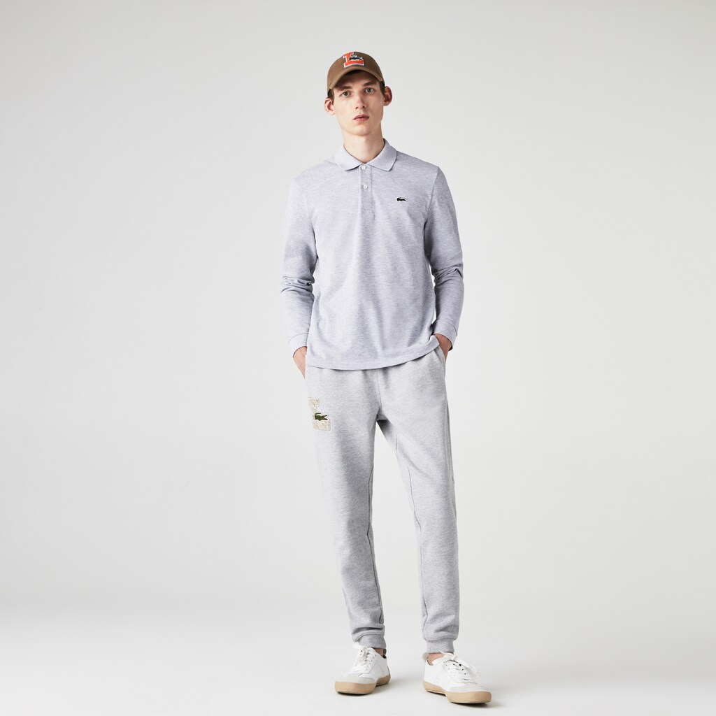 Men's Lacoste Grey Polo Shirts classic fit long-sleeve in marl petit piqué BF0-59895K7