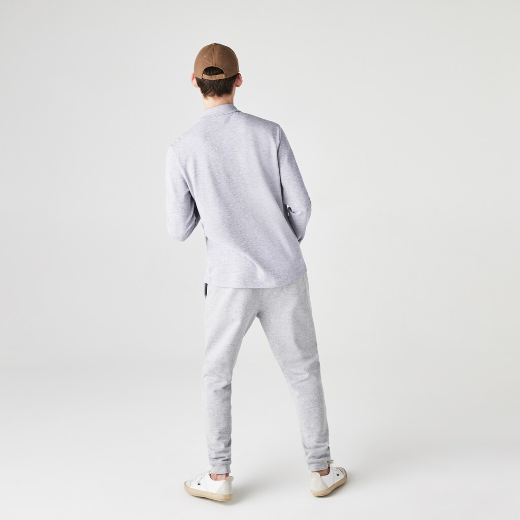 Men's Lacoste Grey Polo Shirts classic fit long-sleeve in marl petit piqué BF0-59895K7