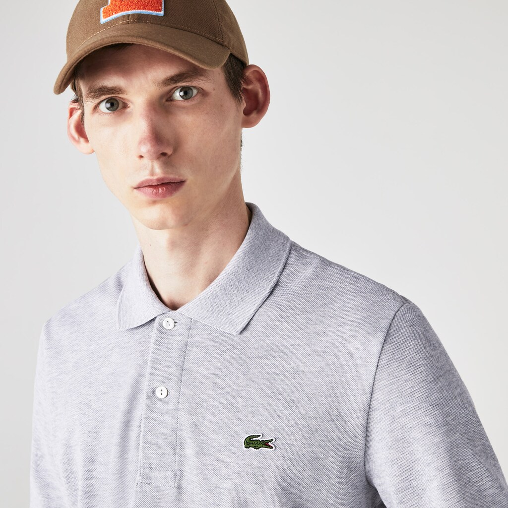 Men's Lacoste Grey Polo Shirts classic fit long-sleeve in marl petit piqué BF0-59895K7