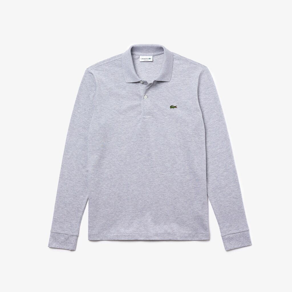 Men's Lacoste Grey Polo Shirts classic fit long-sleeve in marl petit piqué BF0-59895K7