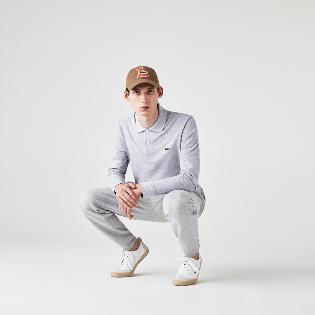 Men's Lacoste Grey Polo Shirts classic fit long-sleeve in marl petit piqué BF0-59895K7