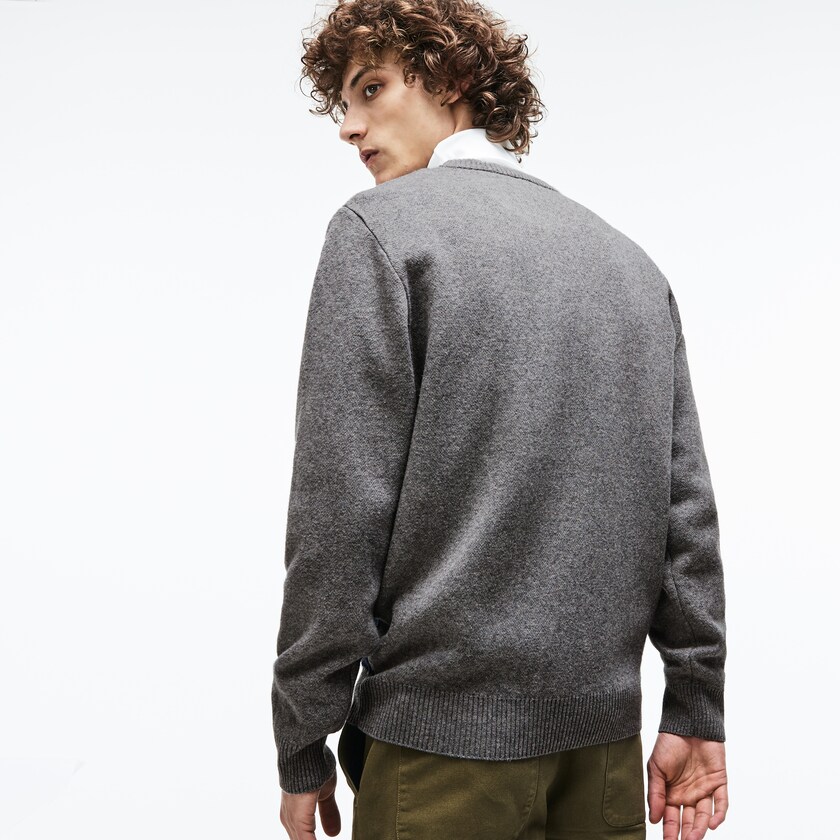 Men's Lacoste Grey / Green / Blue / White Sweaters Crew Neck Alpine Print Wool And Cotton Jacquard NV1-81808R2