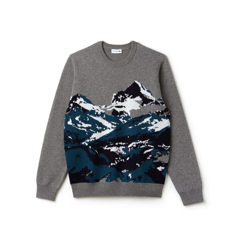 Men's Lacoste Grey / Green / Blue / White Sweaters Crew Neck Alpine Print Wool And Cotton Jacquard NV1-81808R2