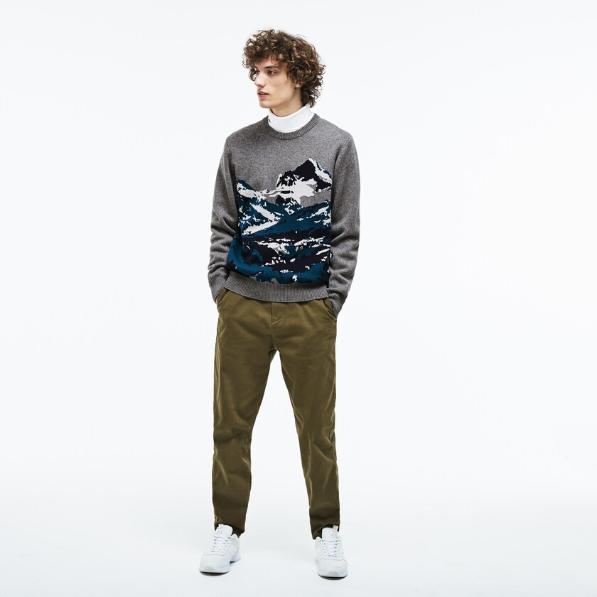 Men's Lacoste Grey / Green / Blue / White Sweaters Crew Neck Alpine Print Wool And Cotton Jacquard NV1-81808R2