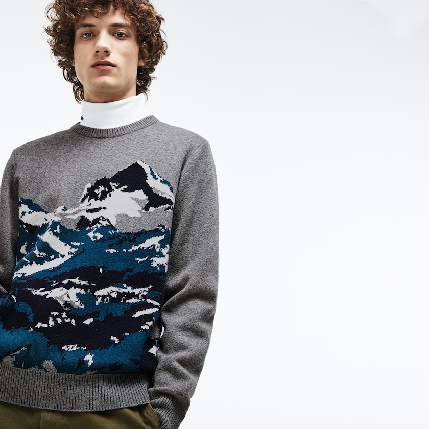 Men's Lacoste Grey / Green / Blue / White Sweaters Crew Neck Alpine Print Wool And Cotton Jacquard NV1-81808R2