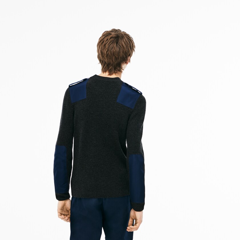 Men's Lacoste Grey / Navy Blue Sweaters Crew Neck Colorblock Ribbed Wool And Cotton UO2-85158J2