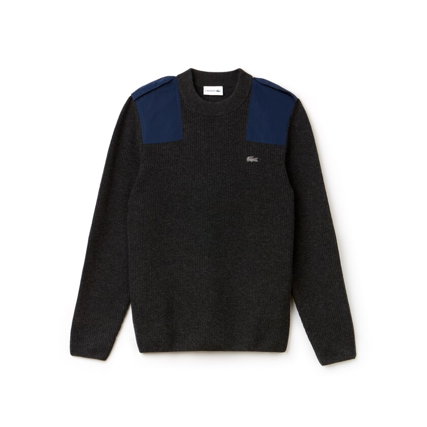 Men's Lacoste Grey / Navy Blue Sweaters Crew Neck Colorblock Ribbed Wool And Cotton UO2-85158J2