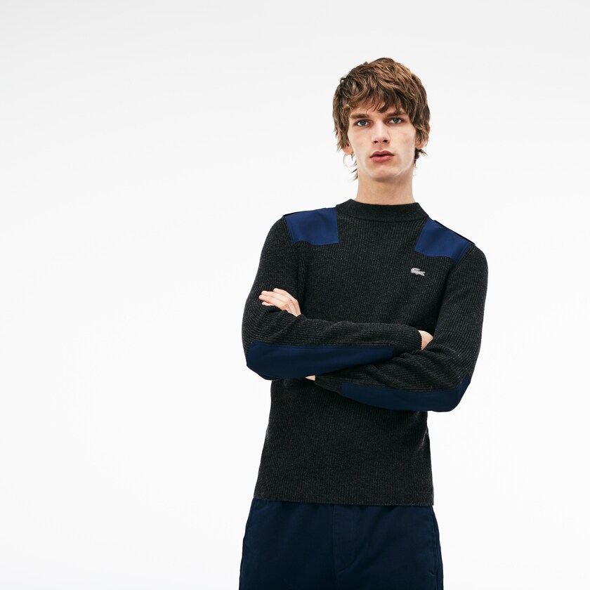 Men's Lacoste Grey / Navy Blue Sweaters Crew Neck Colorblock Ribbed Wool And Cotton UO2-85158J2