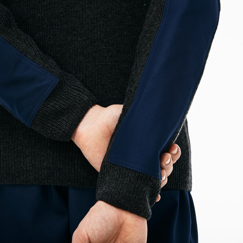 Men's Lacoste Grey / Navy Blue Sweaters Crew Neck Colorblock Ribbed Wool And Cotton UO2-85158J2