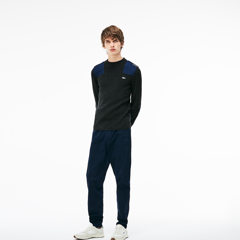 Men's Lacoste Grey / Navy Blue Sweaters Crew Neck Colorblock Ribbed Wool And Cotton UO2-85158J2