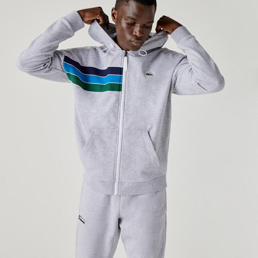 Men's Lacoste Grey / Navy Blue / Blue / Green / White Sweatshirts SPORT Hooded Colorblock Fleece Zip EK6-65836B6
