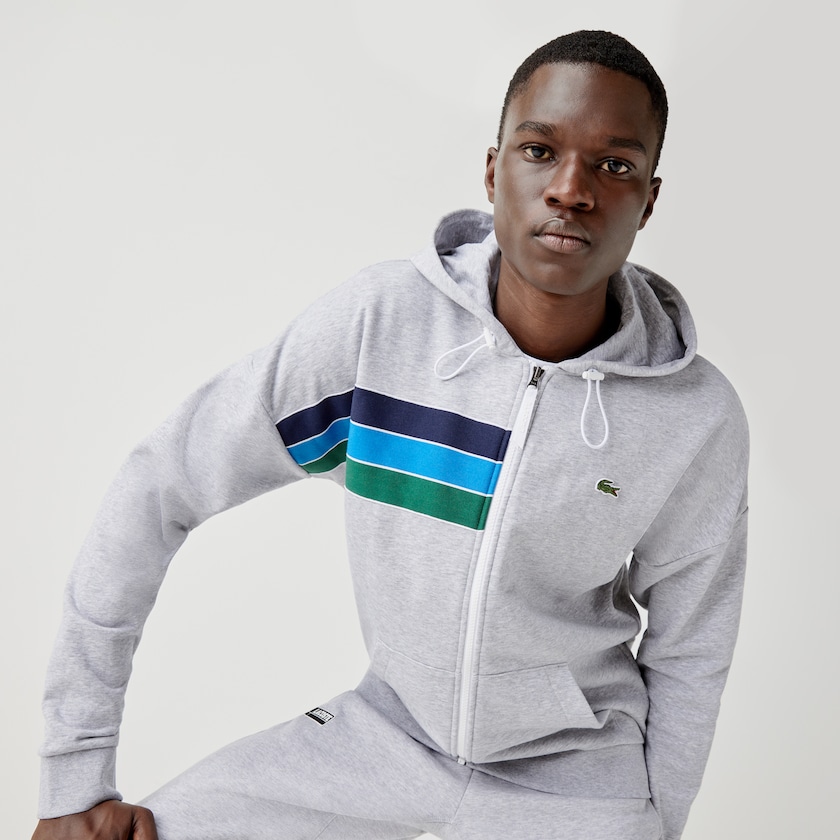 Men's Lacoste Grey / Navy Blue / Blue / Green / White Sweatshirts SPORT Hooded Colorblock Fleece Zip EK6-65836B6