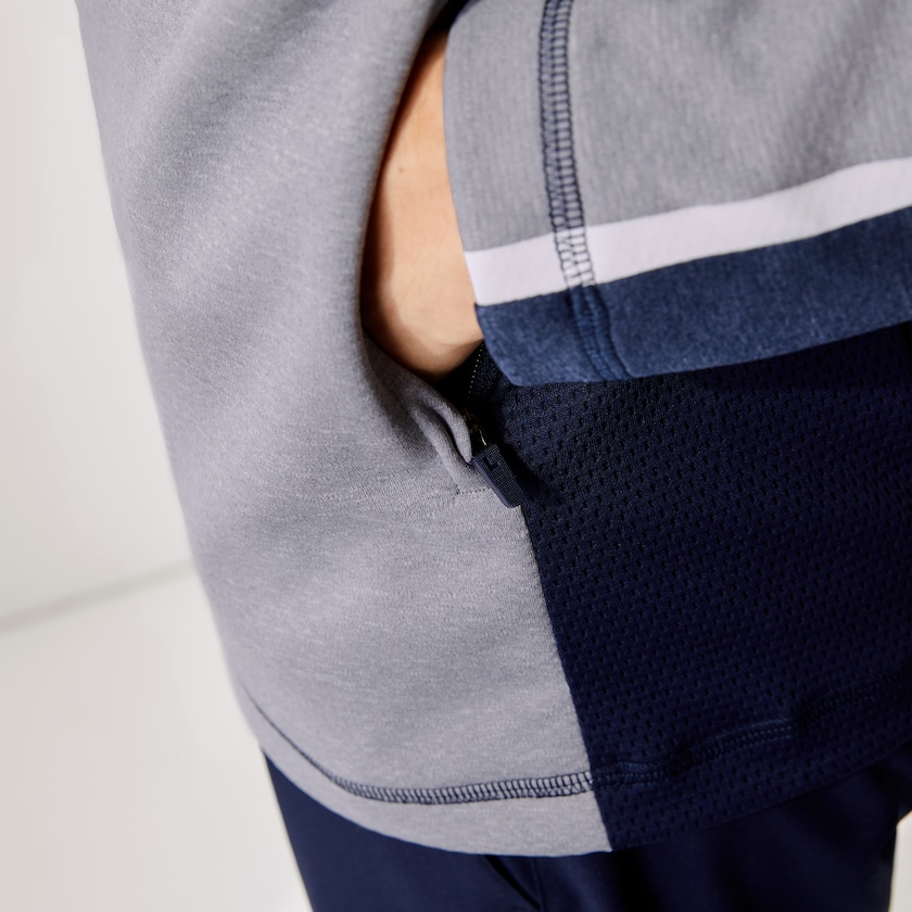 Men's Lacoste Grey / Navy Blue / White Sweatshirts SPORT Zip Stand-Up Collar Stretch Golf NO8-70177C2