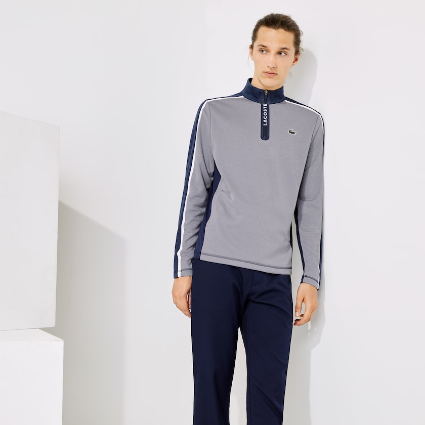 Men's Lacoste Grey / Navy Blue / White Sweatshirts SPORT Zip Stand-Up Collar Stretch Golf NO8-70177C2