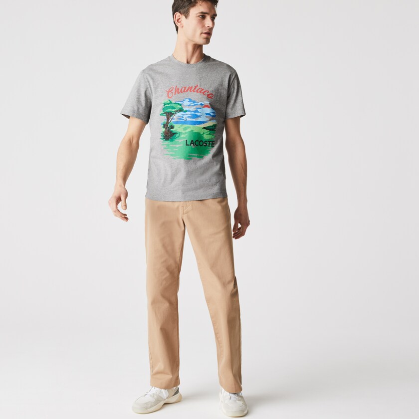 Men's Lacoste Grey / Red T Shirts Crew Neck Landscape Print Cotton DA4-47064Y2