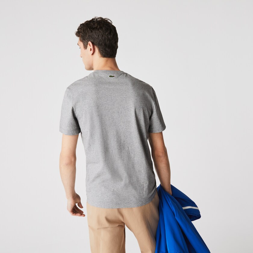 Men's Lacoste Grey / Red T Shirts Crew Neck Landscape Print Cotton DA4-47064Y2