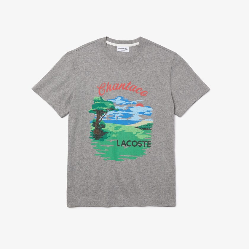 Men's Lacoste Grey / Red T Shirts Crew Neck Landscape Print Cotton DA4-47064Y2