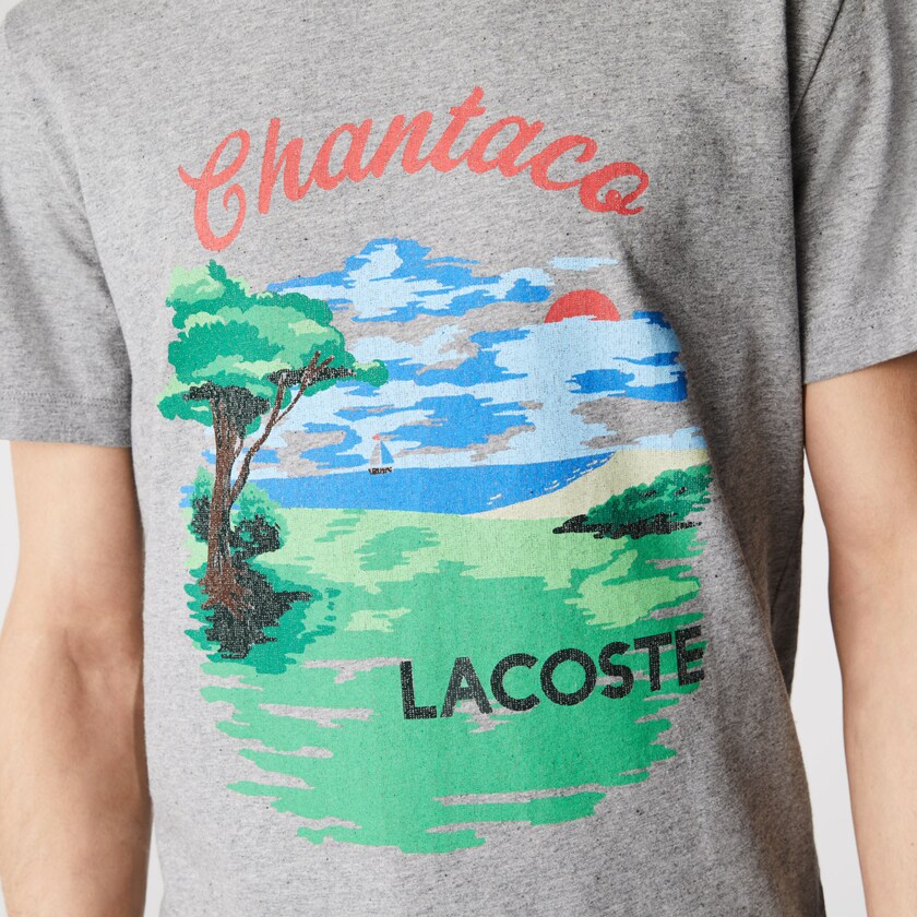 Men's Lacoste Grey / Red T Shirts Crew Neck Landscape Print Cotton DA4-47064Y2