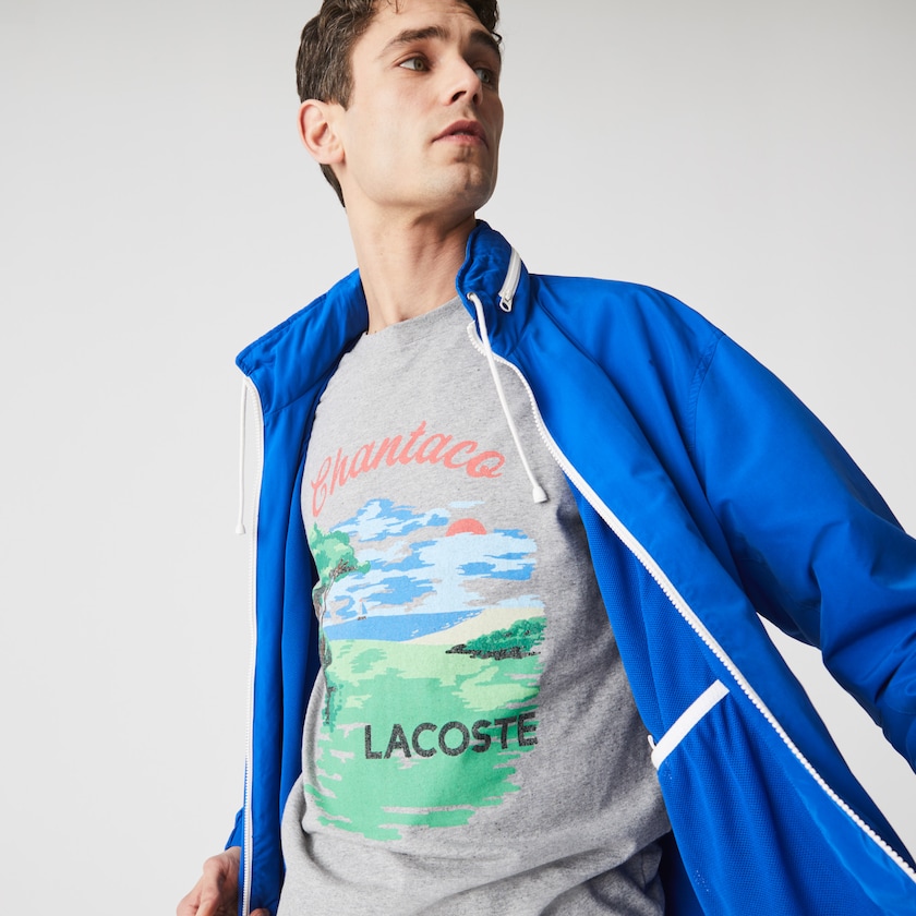 Men's Lacoste Grey / Red T Shirts Crew Neck Landscape Print Cotton DA4-47064Y2