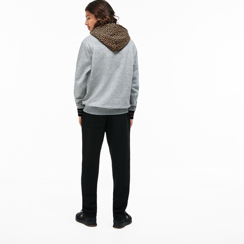 Men's Lacoste Grey / White Sweatshirts LIVE Leopard Print Hood Fleece FE7-04130P6