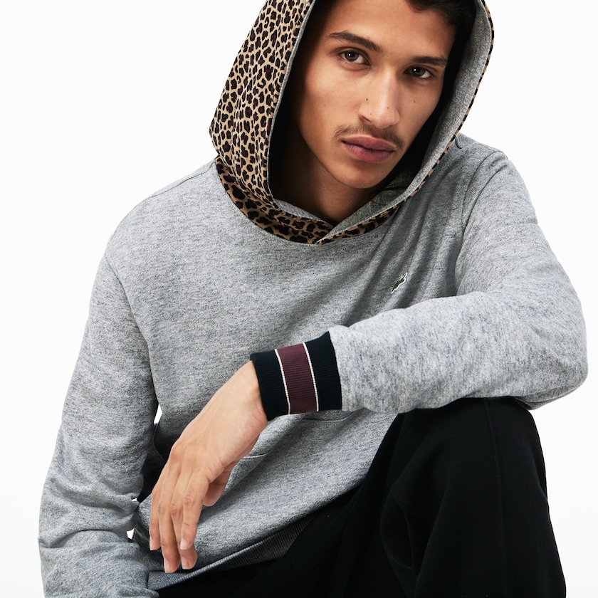 Men's Lacoste Grey / White Sweatshirts LIVE Leopard Print Hood Fleece FE7-04130P6