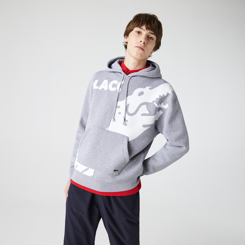 Men's Lacoste Grey / White Sweatshirts LIVE Loose Fit Hooded Print Fleece QD8-10381B7