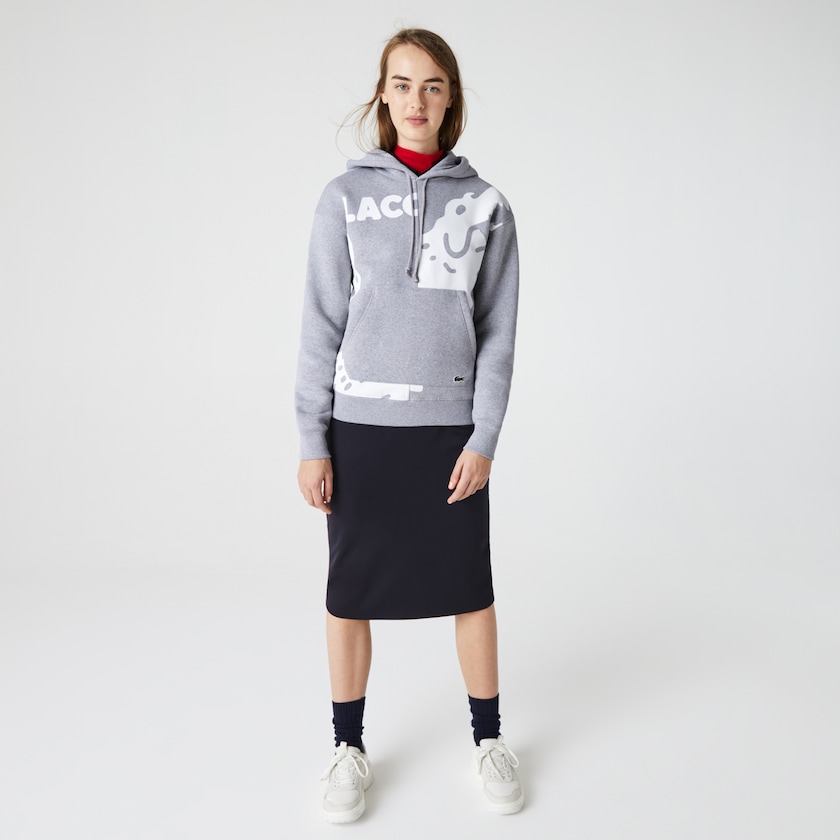 Men's Lacoste Grey / White Sweatshirts LIVE Loose Fit Hooded Print Fleece QD8-10381B7